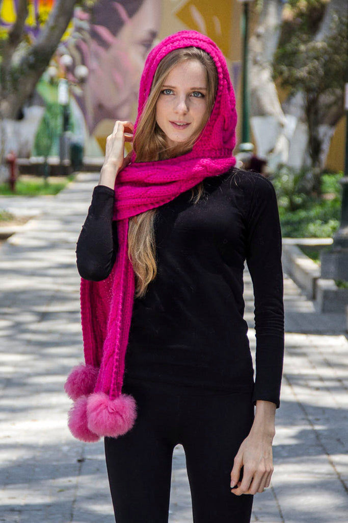 One Piece Hand Knitted Baby Alpaca Blend Hooded Hat  Scarf Women - Pink - ARGUA