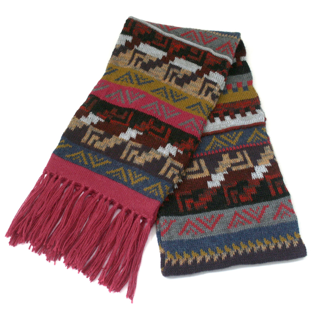 Multicolored Alpaca Wool Scarf with Andean Design - Pink Fringe - ARGUA