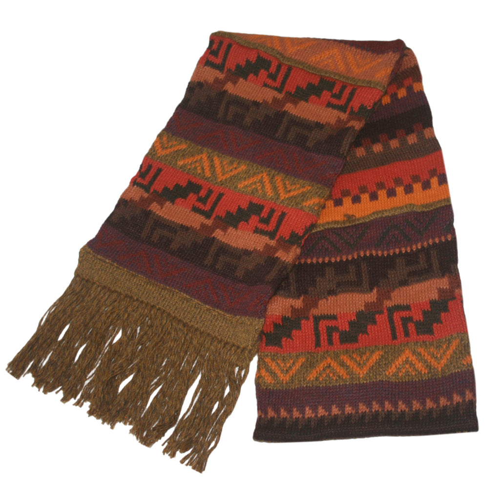 Multicolored Alpaca Wool Scarf with Andean Design - Gold Fringe - ARGUA