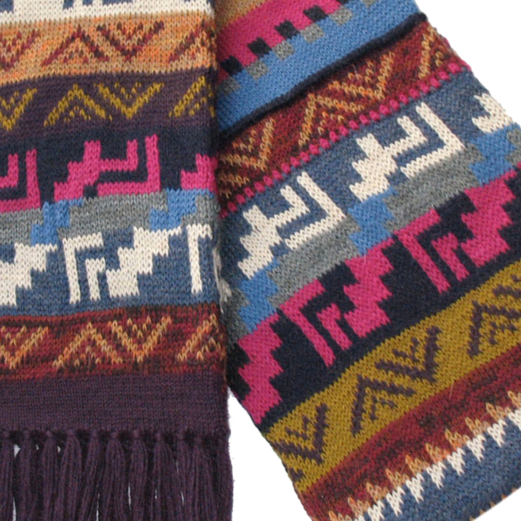 Multicolored Alpaca Wool Scarf with Andean Design ~ Purple Fringe - ARGUA