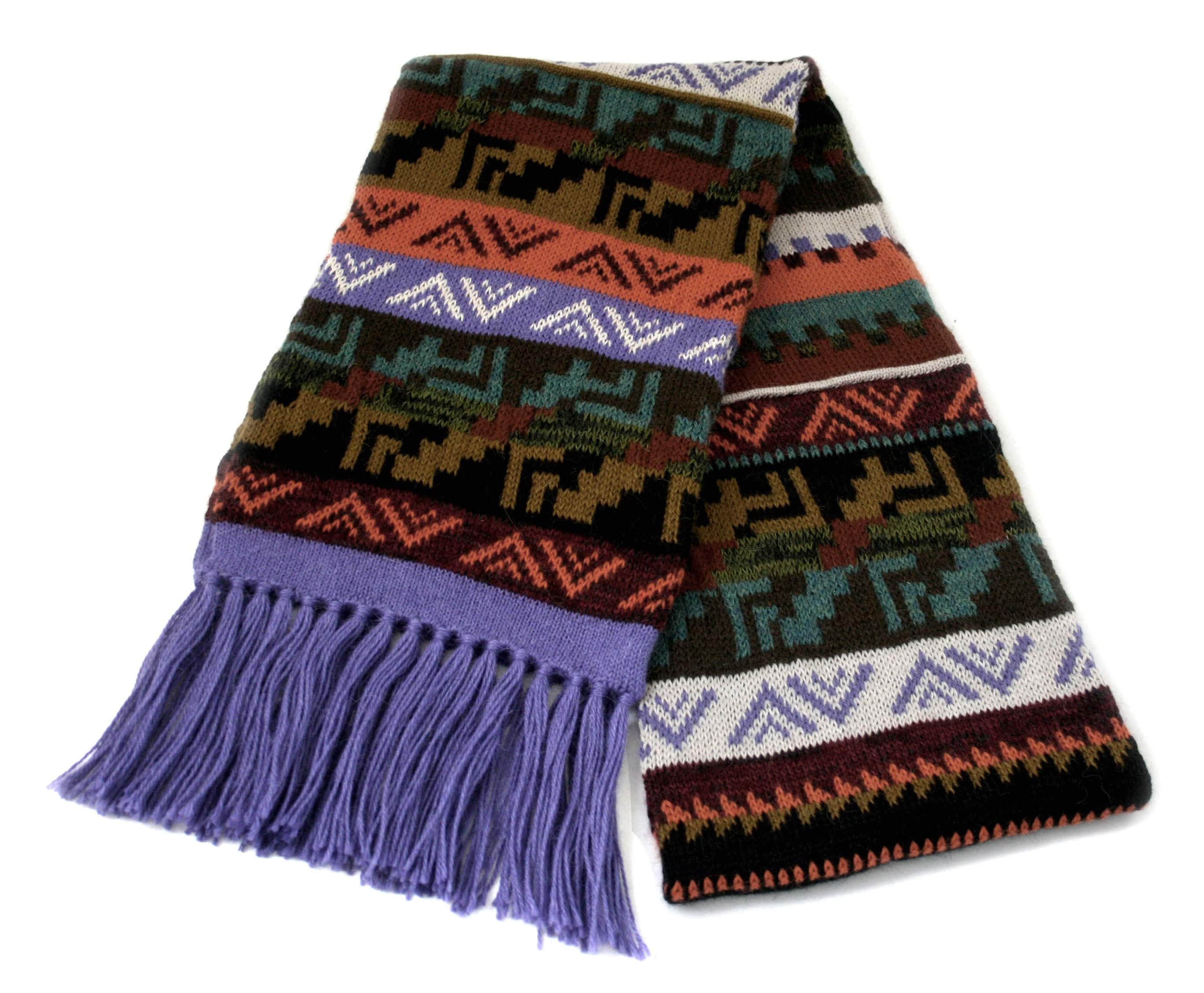 Multicolored Alpaca Wool Scarf with Andean Design ~ Lilac Fringe