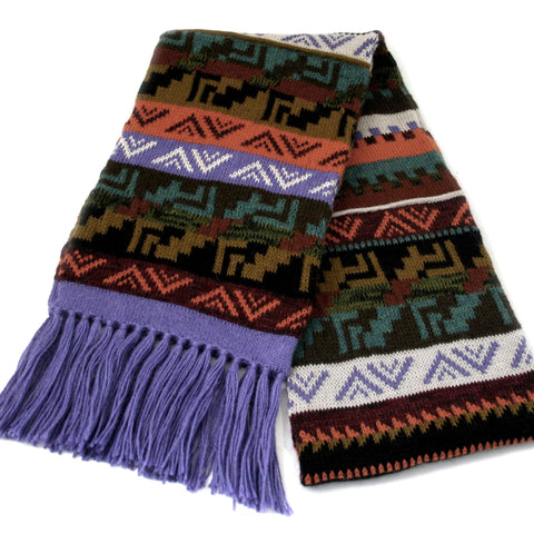 Multicolored Alpaca Wool Scarf with Andean Design ~ Lilac Fringe - ARGUA