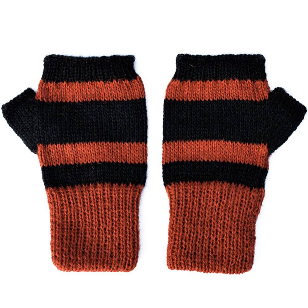 Unique 100% Alpaca Fingerless Mittens - Terracotta / Black - ARGUA