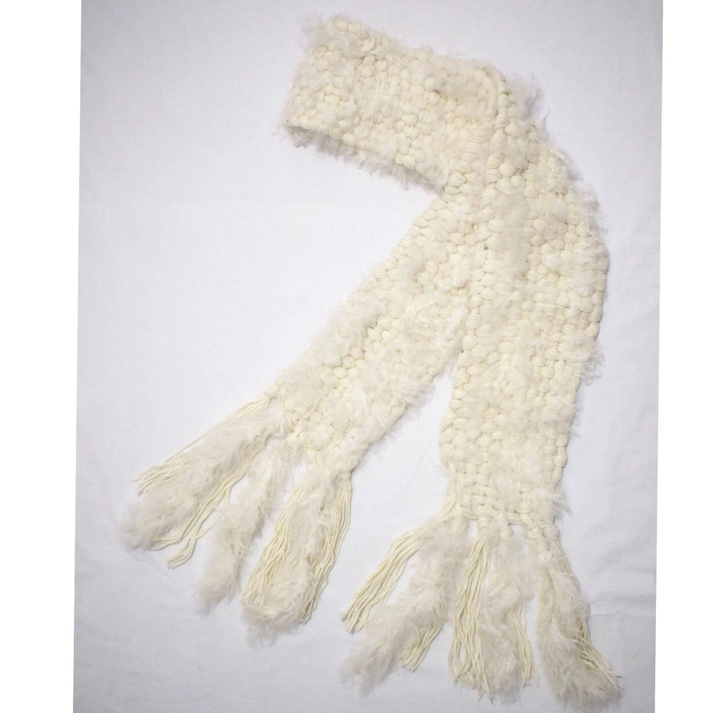 Hand Knit 100% Baby Alpaca Scarf w/ Fur Applications - Women - Off-White - ARGUA