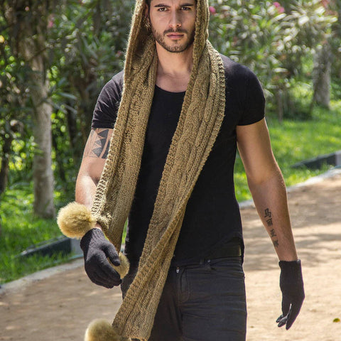 One Piece Hand Knit Baby Alpaca Blend Hooded Hat Scarf Women Men - Olive Green - ARGUA