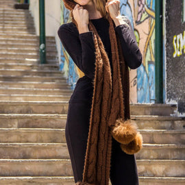 One Piece Hand Knit Baby Alpaca Blend Scarf and Hat for Women and Men - Brown - ARGUA