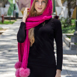 One Piece Hand Knitted Baby Alpaca Blend Hooded Hat  Scarf Women - Pink - ARGUA