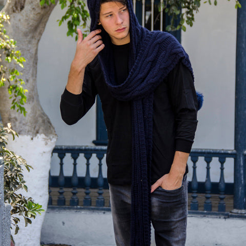 One Piece Long Baby Alpaca Blend Hooded Hat Scarf Women and Men - Navy Blue - ARGUA