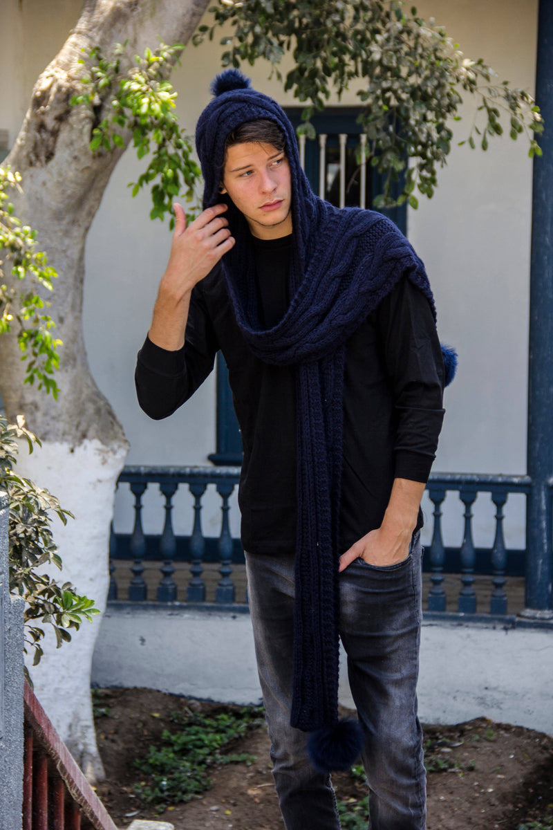 One Piece Long Baby Alpaca Blend Hooded Hat Scarf Women and Men - Navy