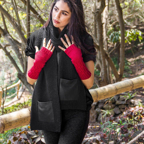 100% Alpaca Knitted Scarf w/ Leather Pocket for Women and Men - Dk Gray - ARGUA