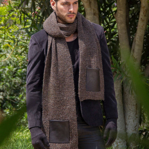 100% Alpaca Knitted Scarf w/ Pocket, Unisex - Brown - ARGUA
